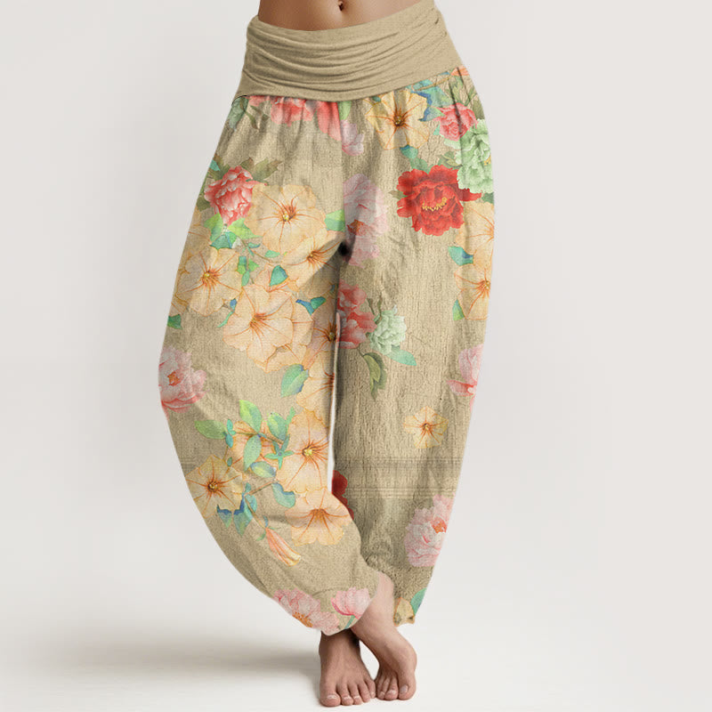 Buddha Stones Casual Peony Flower Women's Elastic Waist Harem Pants