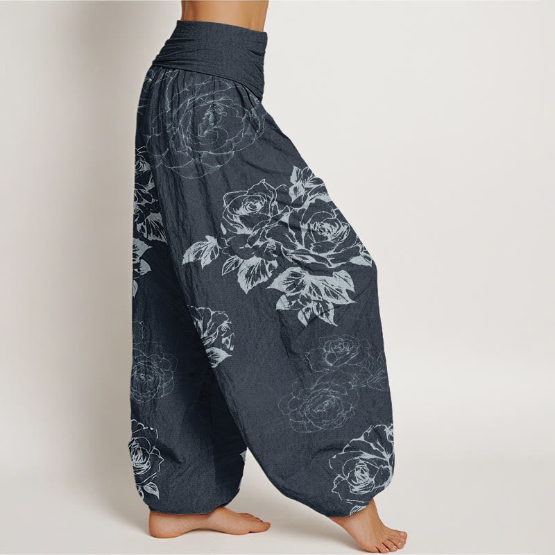 Buddha Stones Casual Rose Peony Flowers Women's Elastic Waist Harem Pants