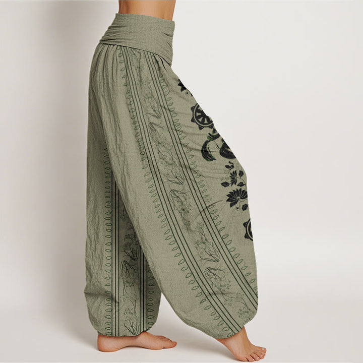 Buddha Stones Dharma Wheel Lotus OM Pattern Women's Elastic Waist Harem Pants