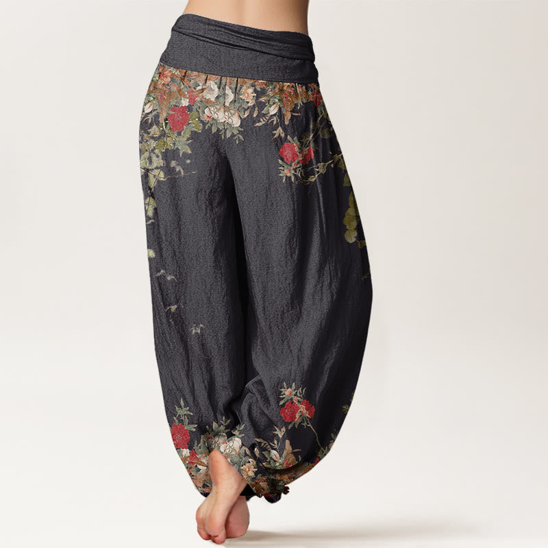 Buddha Stones Cotton Casual Red Peony Flower Vine Design Women's Elastic Waist Harem Pants - image 2