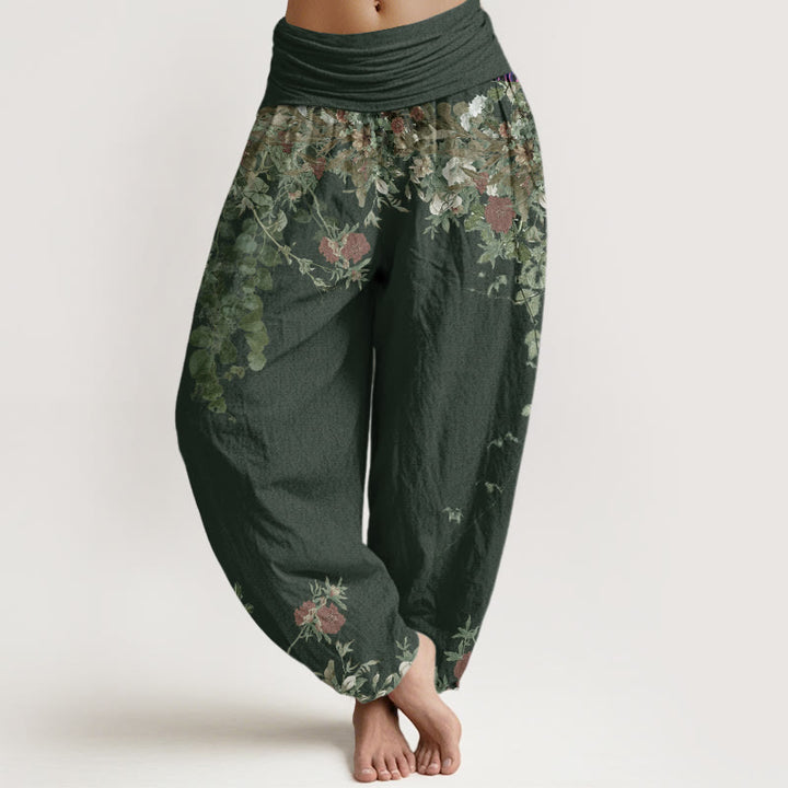 Buddha Stones Cotton Casual Red Peony Flower Vine Design Women's Elastic Waist Harem Pants - DarkSeaGreen - US22，UK/AU26，EU54 (6XL) - image 4