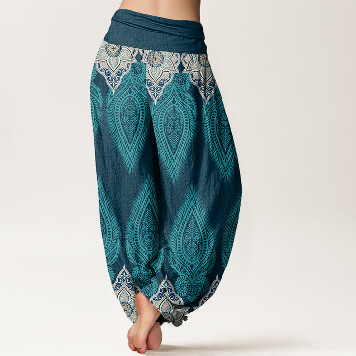 Buddha Stones Cotton Casual Feather Flower Design Women's Elastic Waist Harem Pants - image 2