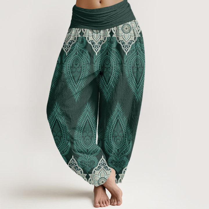 Buddha Stones Cotton Casual Feather Flower Design Women's Elastic Waist Harem Pants - CadetBlue - US22，UK/AU26，EU54 (6XL) - image 4