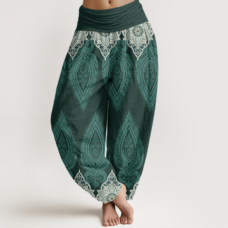 Buddha Stones Casual Feather Flower Design Women's Elastic Waist Harem Pants