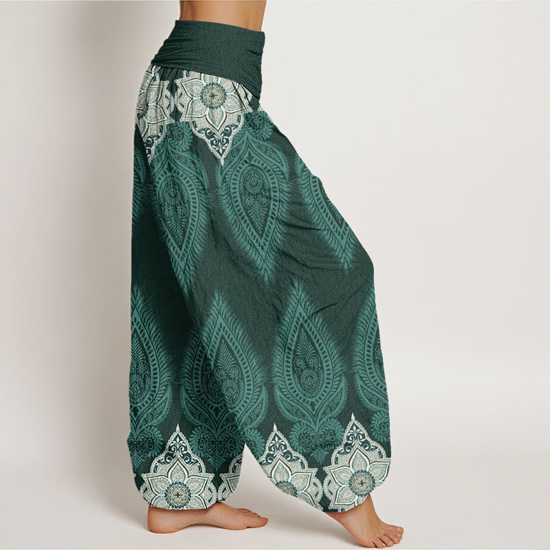 Buddha Stones Casual Feather Flower Design Women's Elastic Waist Harem Pants