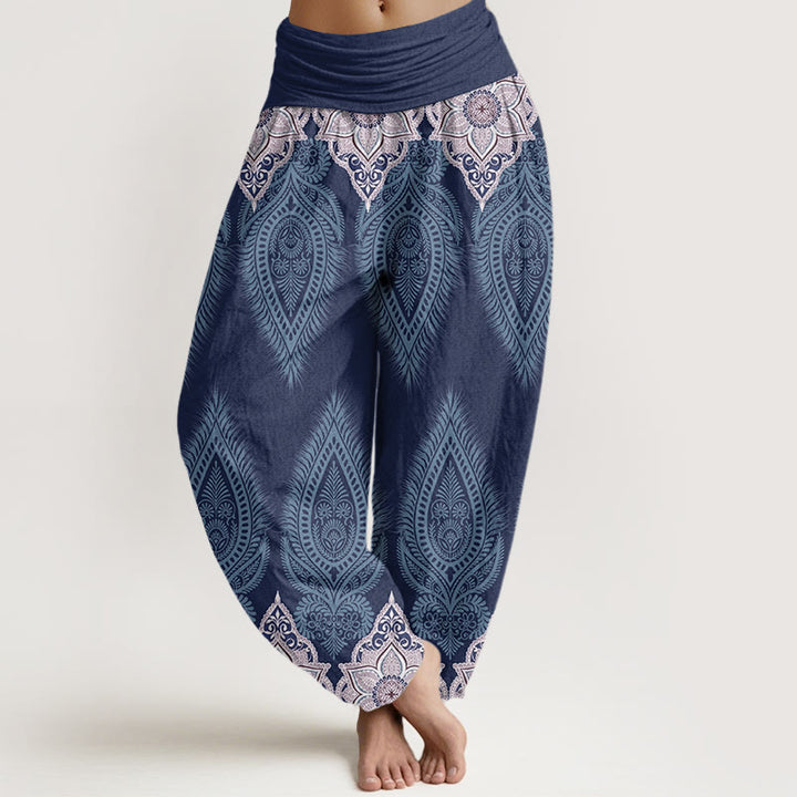 Buddha Stones Casual Feather Flower Design Women's Elastic Waist Harem Pants