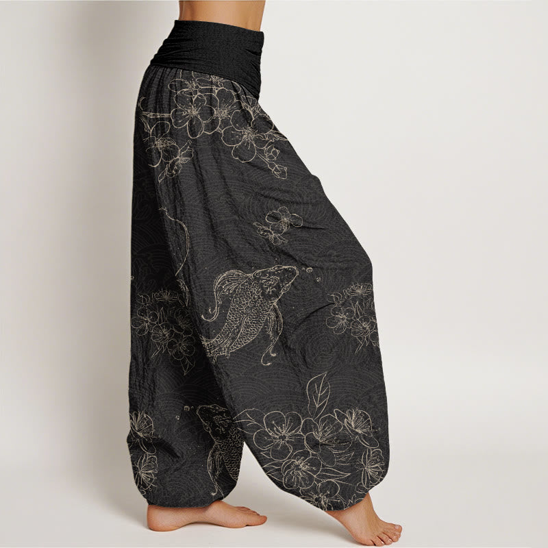 Buddha Stones Koi Fish Floral Pattern Women's Elastic Waist Harem Pants