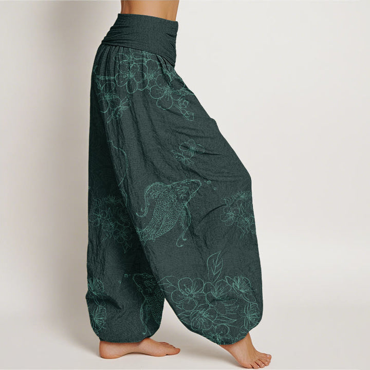 Buddha Stones Koi Fish Floral Pattern Women's Elastic Waist Harem Pants