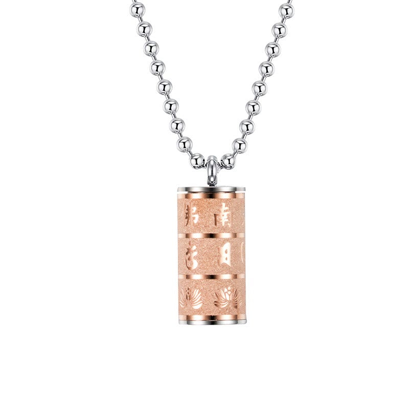 Buddha Stones Tibetan Om Mani Padme Hum Lotus Pattern Prayer Wheel Titanium Steel Peace Necklace Pendant - Rose Gold - image 9