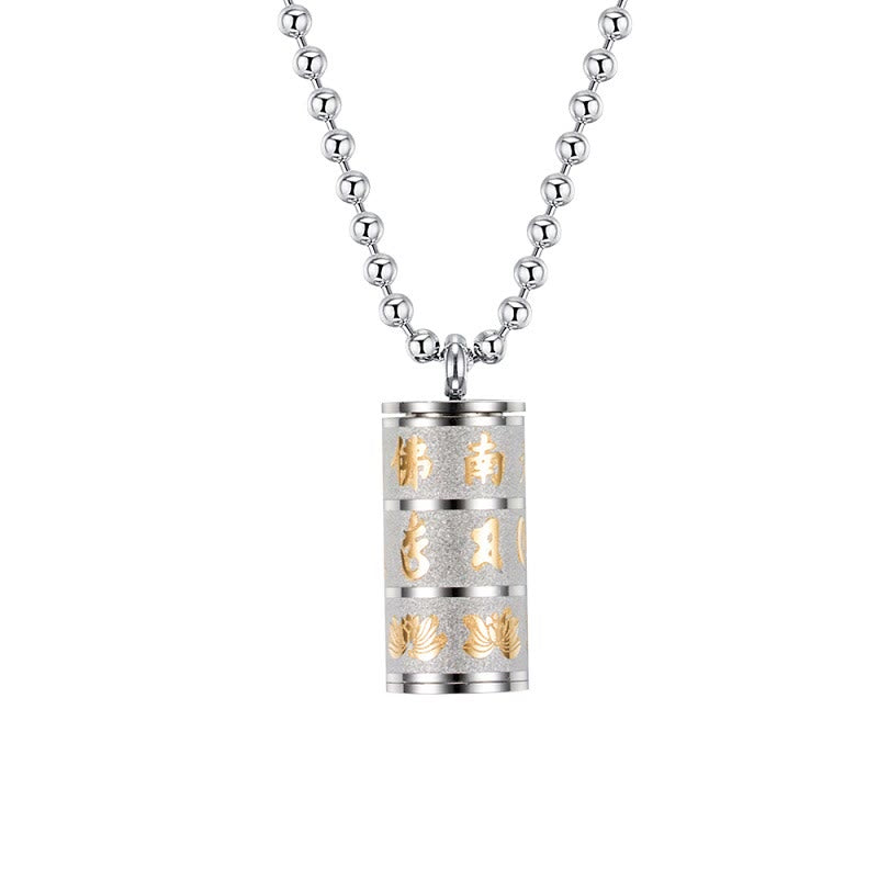 Buddha Stones Tibetan Om Mani Padme Hum Lotus Pattern Prayer Wheel Titanium Steel Peace Necklace Pendant - Silvery - image 10