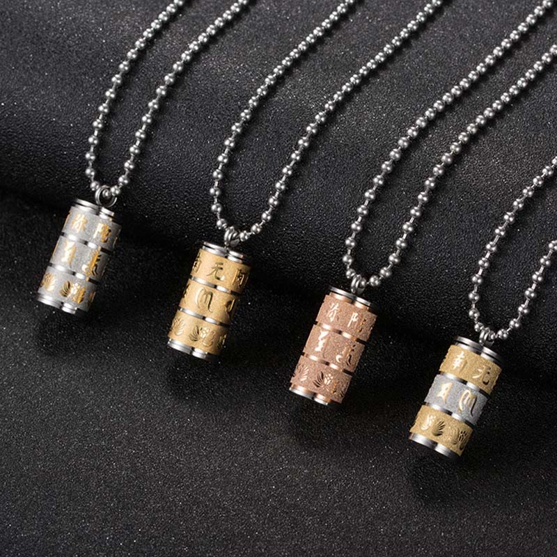 Buddha Stones Tibetan Om Mani Padme Hum Lotus Pattern Prayer Wheel Titanium Steel Peace Necklace Pendant