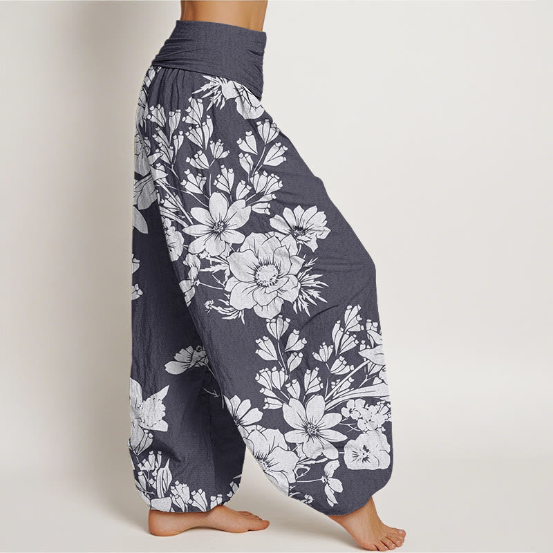 Buddha Stones Casual Peony Flowers Leaves Women's Elastic Waist Harem Pants - image 1