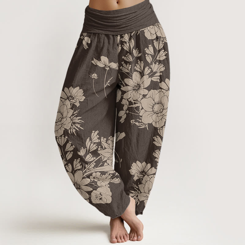 Buddha Stones Casual Peony Flowers Leaves Women's Elastic Waist Harem Pants