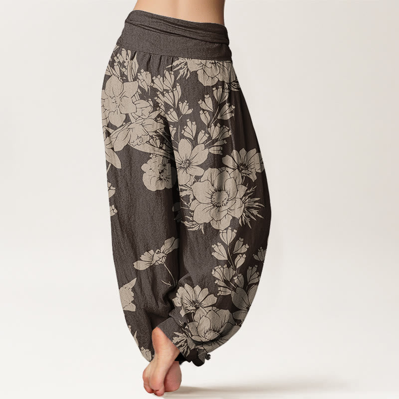 Buddha Stones Casual Peony Flowers Leaves Women's Elastic Waist Harem Pants