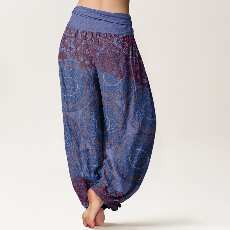 Buddha Stones Casual Flowers Compass Design Women's Elastic Waist Harem Pants