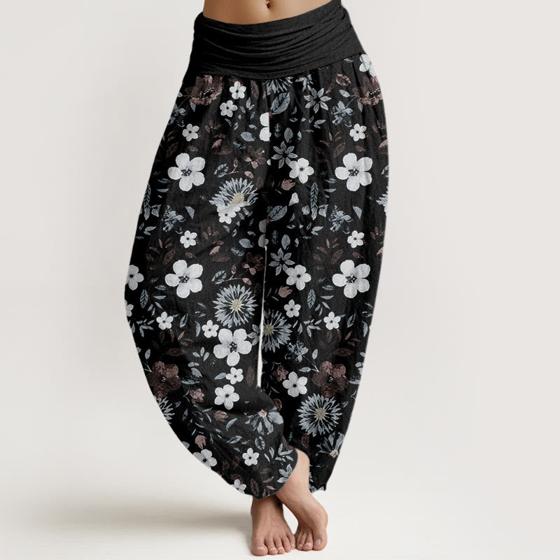 Buddha Stones Casual Red White Flower Dandelion Design Women's Elastic Waist Harem Pants