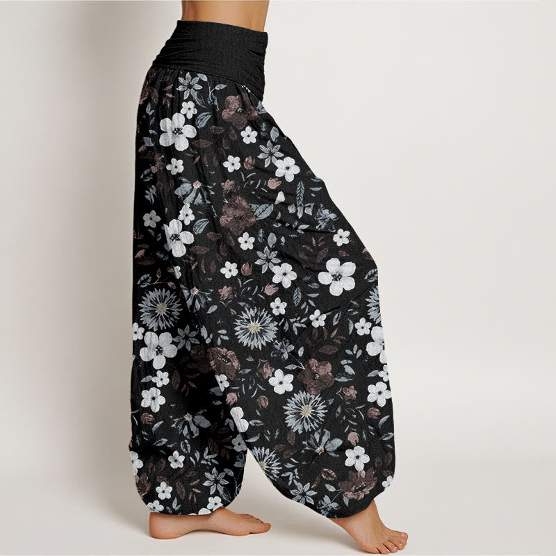 Buddha Stones Casual Red White Flower Dandelion Design Women's Elastic Waist Harem Pants