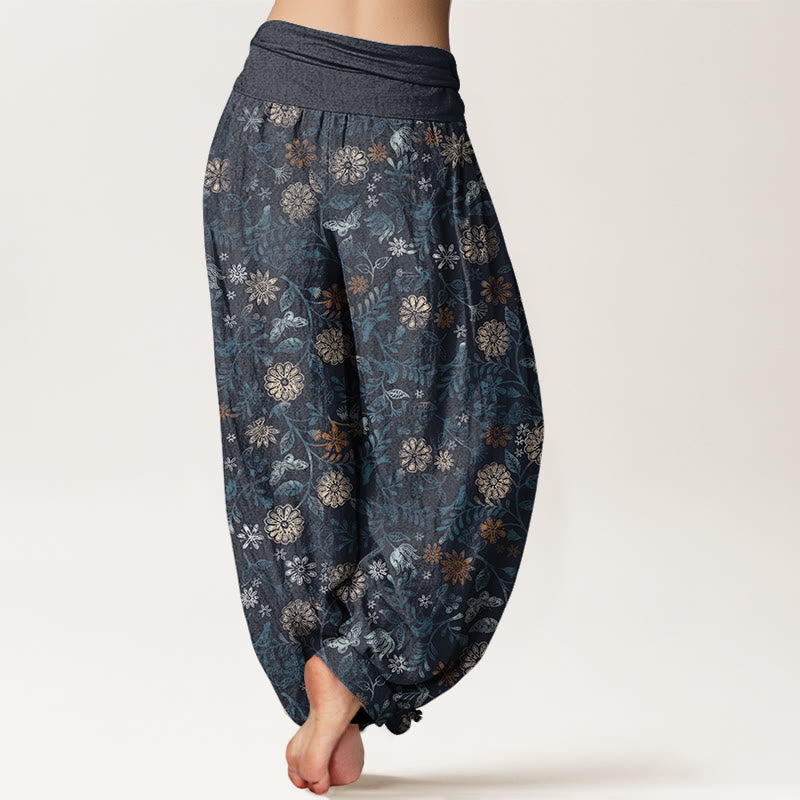 Buddha Stones Casual New York Aster Flowers Leaves Design Women's Elastic Waist Harem Pants