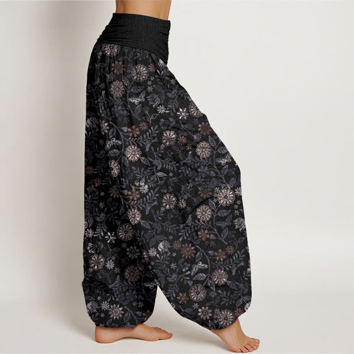 Buddha Stones Casual New York Aster Flowers Leaves Design Women's Elastic Waist Harem Pants