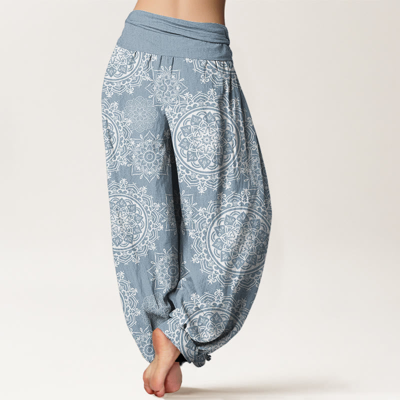 Buddha Stones Cotton Casual White Mandala Flower Design Women's Elastic Waist Harem Pants - image 6