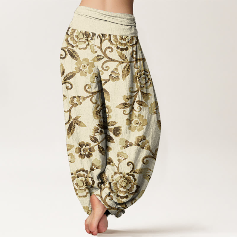 Buddha Stones  Numerous Flowers Pattern Women's Elastic Waist Harem Pants