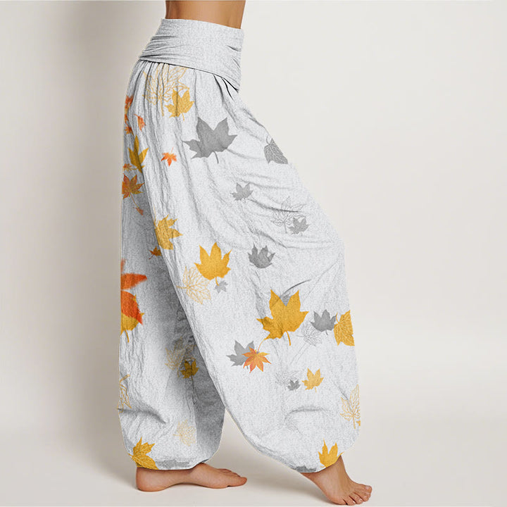 Buddha Stones Maple Leaf Pattern Women's Elastic Waist Harem Pants