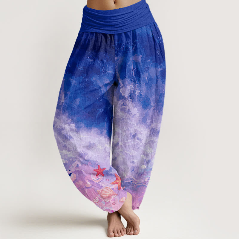 Buddha Stones Vast Ocean Pattern Women's Elastic Waist Harem Pants