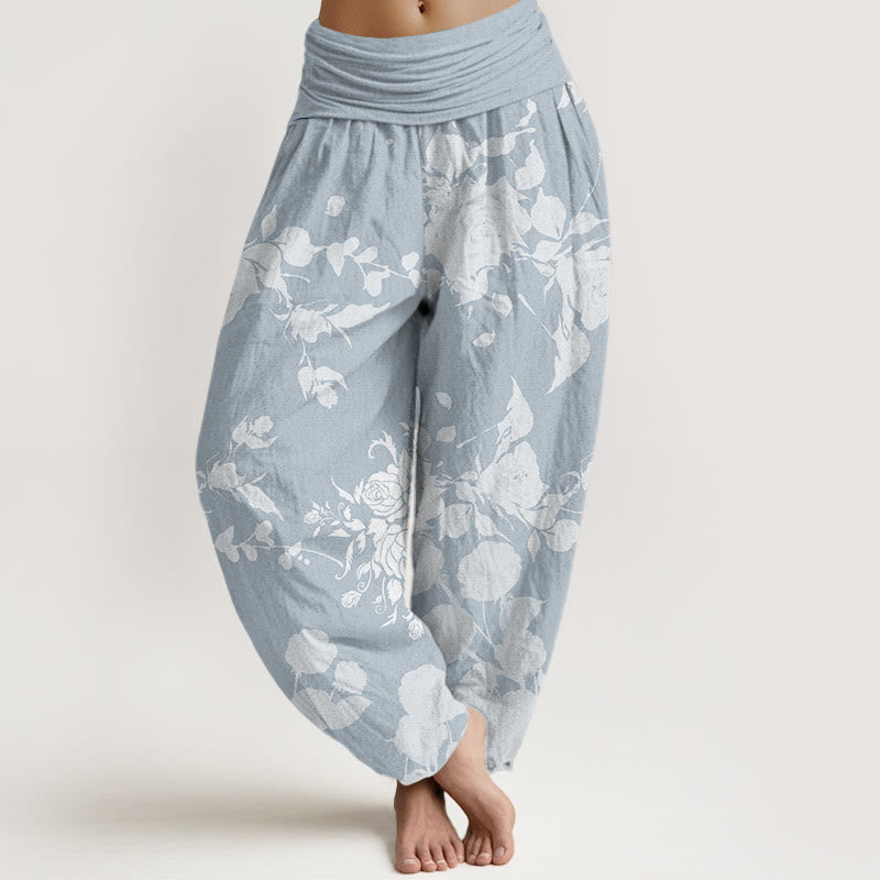 Buddha Stones Blooming Budding Flowers Pattern Women's Elastic Waist Harem Pants