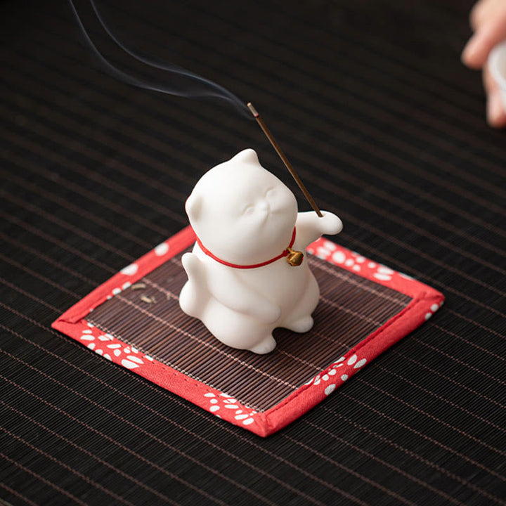 Buddha Stones Cat Bell Bamboo Mat Healing Ceramic Incense Burner Desk Decoration - image 5