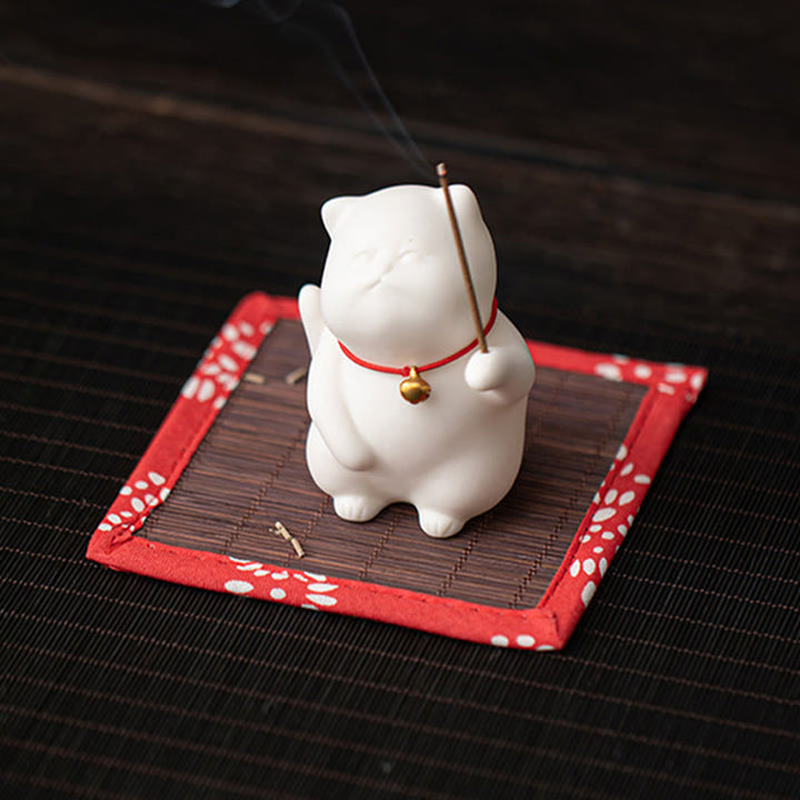 Buddha Stones Cat Bell Bamboo Mat Healing Ceramic Incense Burner Desk Decoration