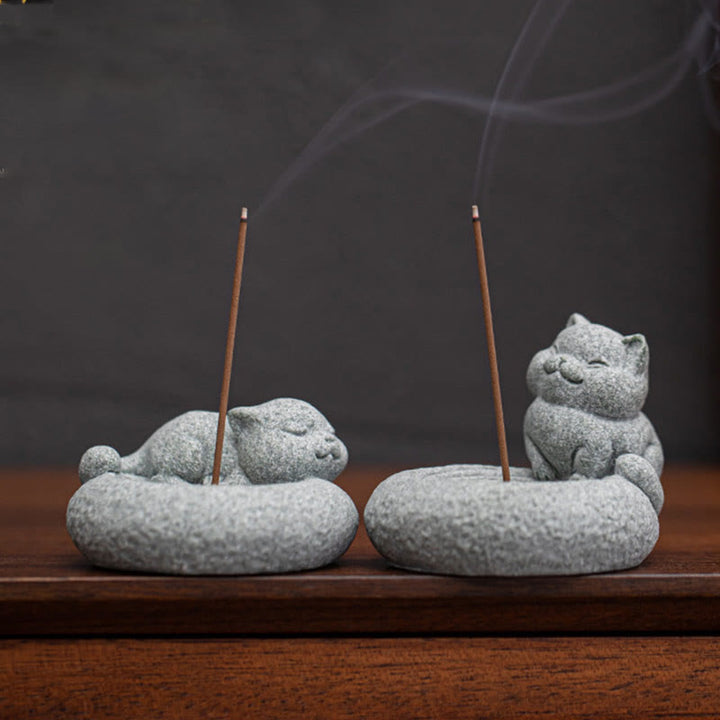 Buddha Stones Cute Lazy Standing Cat Healing Incense Burner Desk Decoration