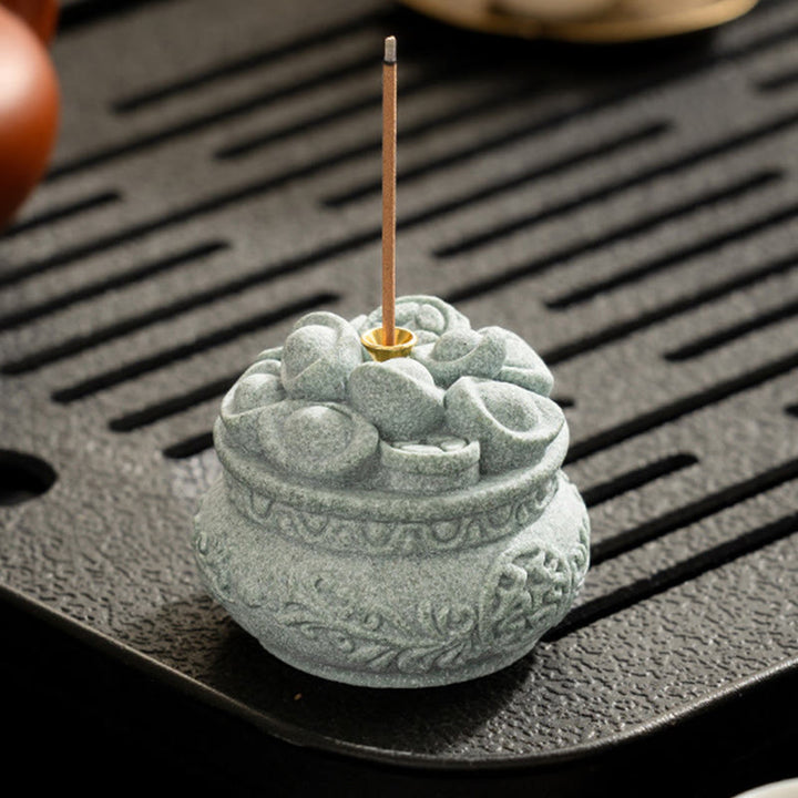 Buddha Stones Chinese Character Fu Ingots Healing Incense Burner Desk Decoration