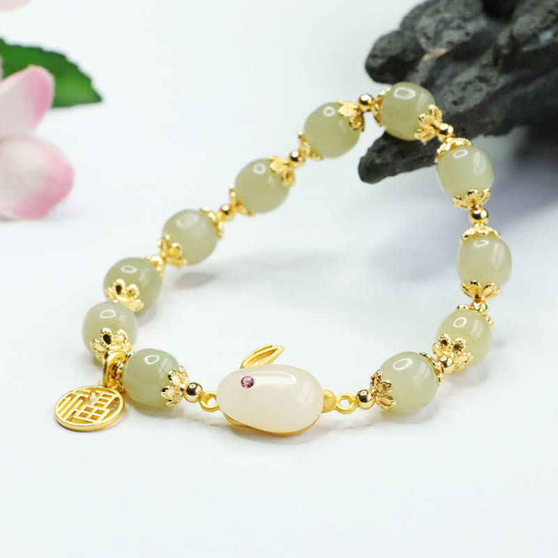 Buddha Stones Natural Hetian Jade Fu Character Fu Brand Rabbit Abundance Bracelet