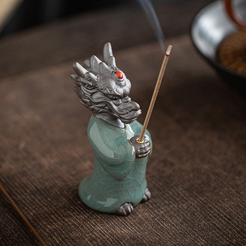 Buddha Stones Praying Dragon King Lotus Base Fu Character Ceramic Healing Incense Burner Desk Decoration