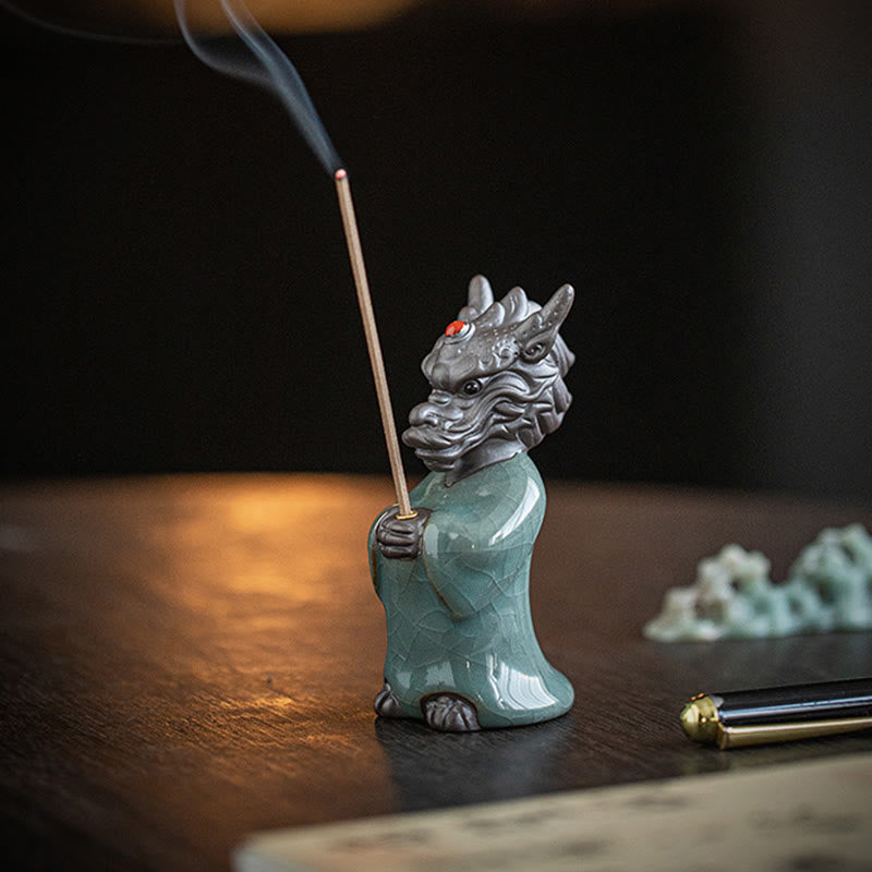 Buddha Stones Praying Dragon King Lotus Base Fu Character Ceramic Healing Incense Burner Desk Decoration