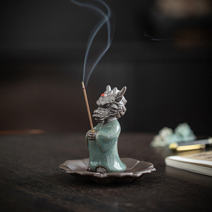 Buddha Stones Praying Dragon King Lotus Base Fu Character Ceramic Healing Incense Burner Desk Decoration