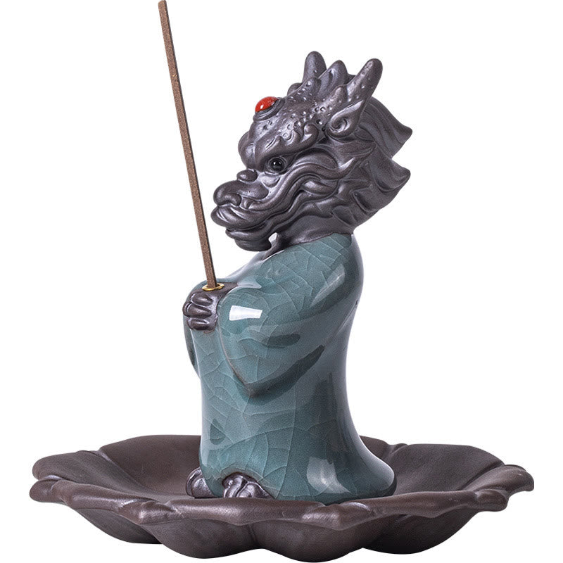 Buddha Stones Praying Dragon King Lotus Base Fu Character Ceramic Healing Incense Burner Desk Decoration