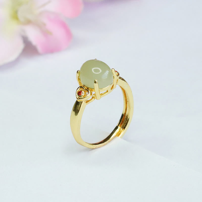 Buddha Stones Natural Hetian Jade Egg Heart-shaped Copper Luck Open Ring