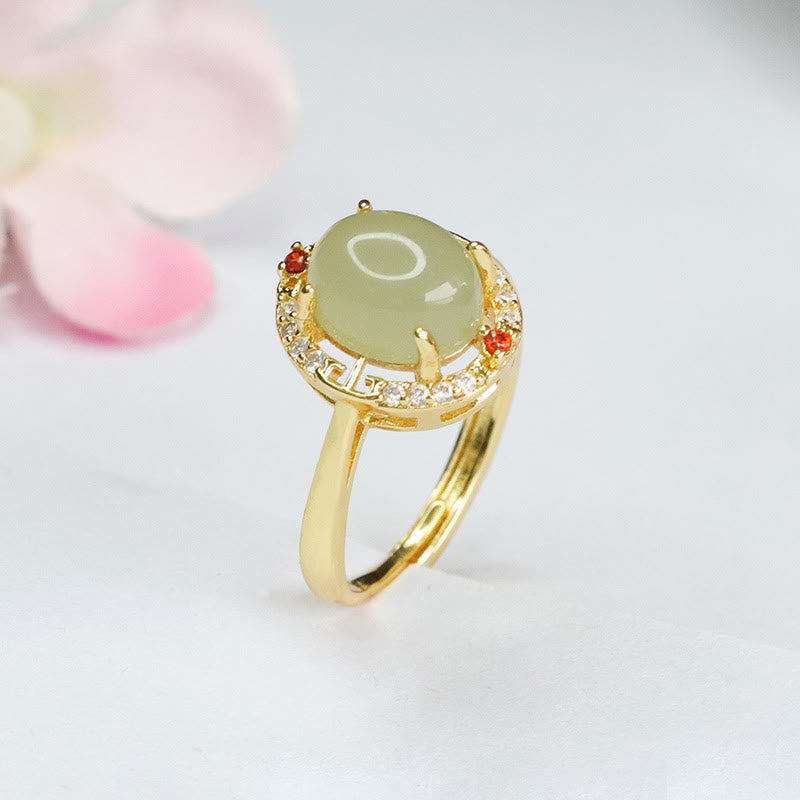 Buddha Stones Natural Hetian Jade Zirconia Egg Copper Open Luck Ring