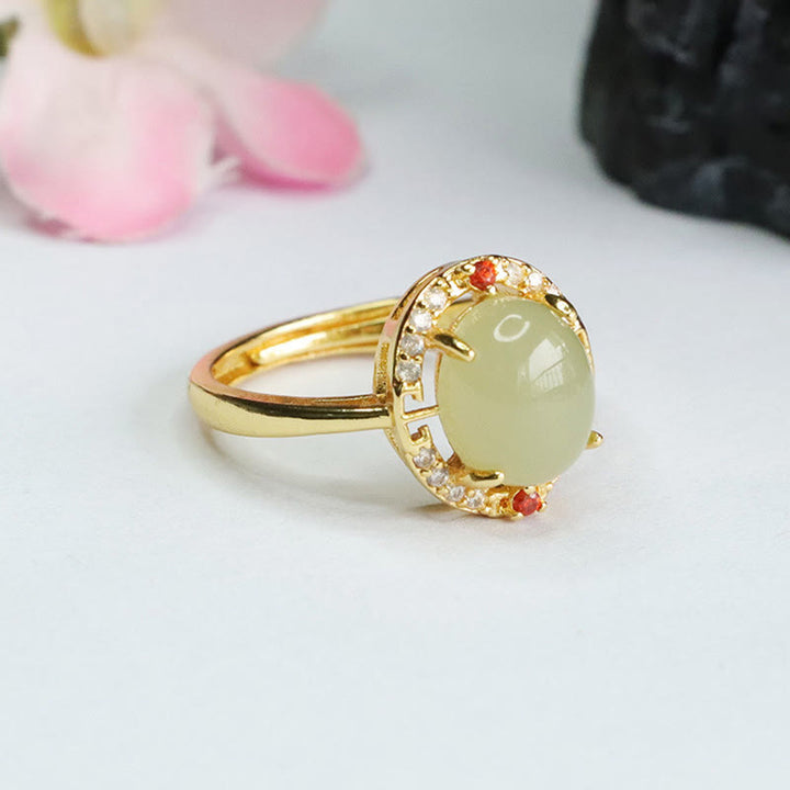 Buddha Stones Natural Hetian Jade Zirconia Egg Copper Open Luck Ring