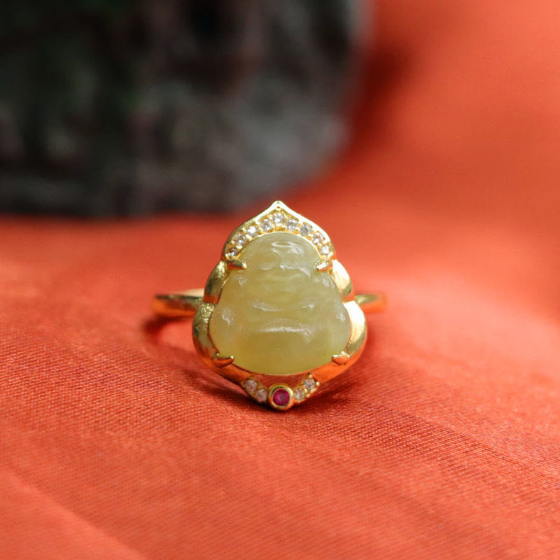 Buddha Stones Natural Hetian Jade Egg Gourd Copper Laughing Buddha Open Luck Ring