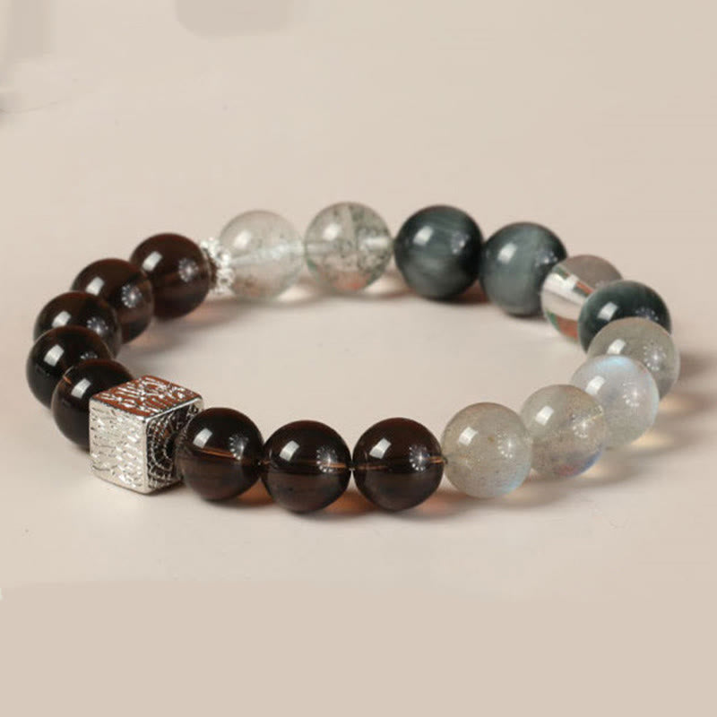 Buddha Stones Black Obsidian Black Rutilated Quartz Moonstone Cube Strength Bracelet