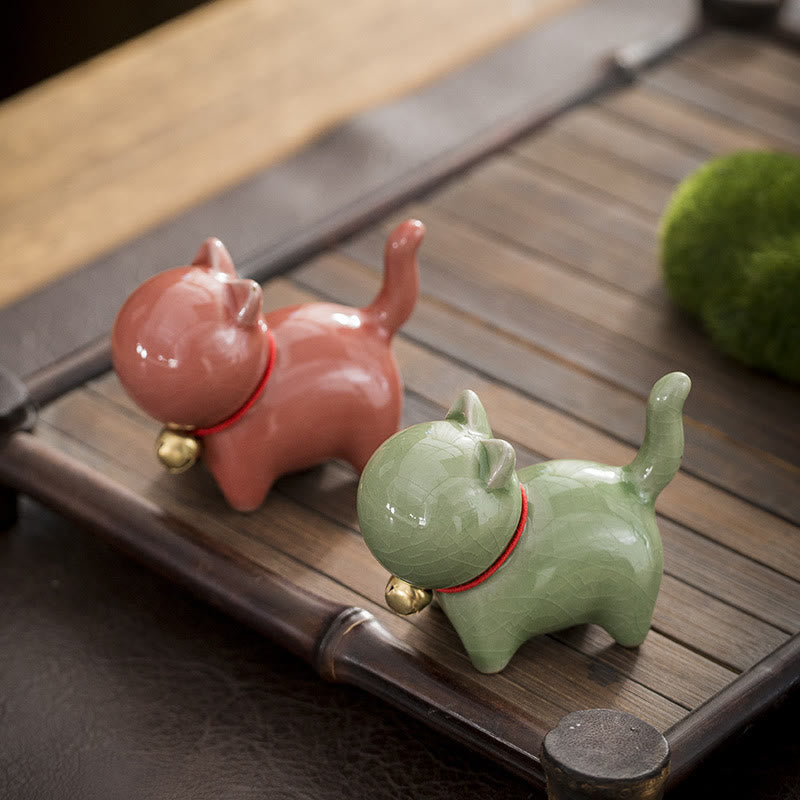 Buddha Stones Mini Cute Lucky Bell Cat Tea Pet Ceramic Home Desk Figurine Decoration - image 0