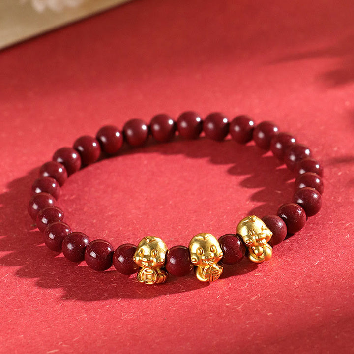 Buddha Stones Cinnabar 999 Sterling Silver Fu Character Coin Gold Ingot Year of the Snake Calm Bracelet