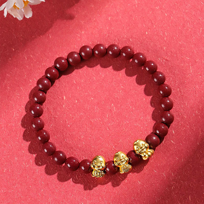 Buddha Stones Cinnabar 999 Sterling Silver Fu Character Coin Gold Ingot Year of the Snake Calm Bracelet