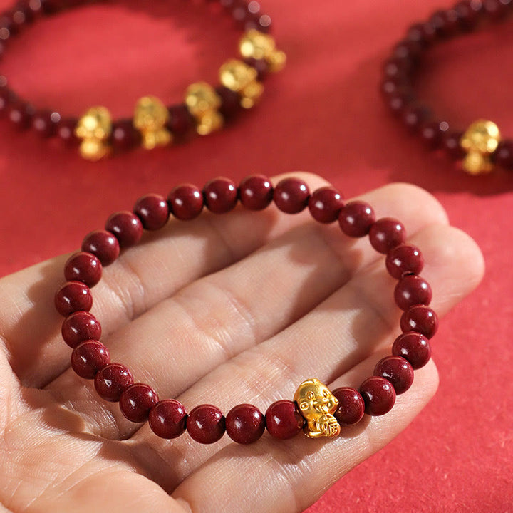 Buddha Stones Cinnabar 999 Sterling Silver Fu Character Coin Gold Ingot Year of the Snake Calm Bracelet