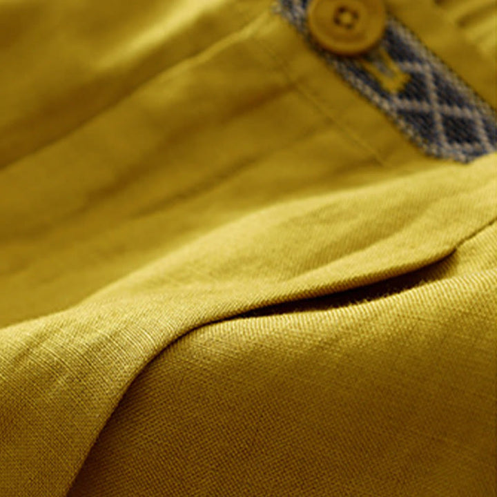 Buddha Stones Solid Color Front Button Back Elastic Cotton Linen Women's Pants With Pockets - image 13