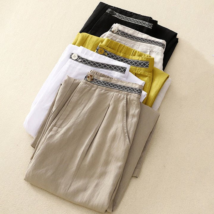 Buddha Stones Solid Color Front Button Back Elastic Cotton Linen Women's Pants With Pockets