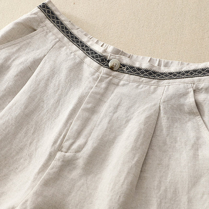 Buddha Stones Solid Color Front Button Back Elastic Cotton Linen Women's Pants With Pockets - image 4