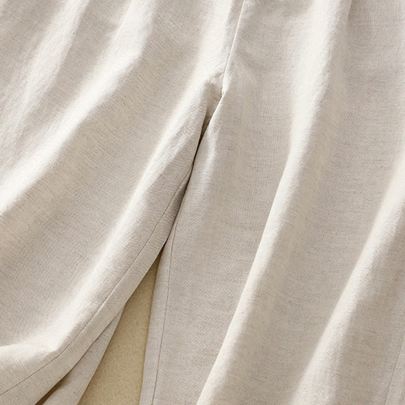 Buddha Stones Solid Color Front Button Back Elastic Cotton Linen Women's Pants With Pockets - image 5